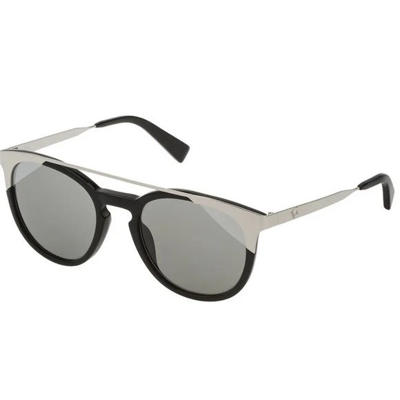 Furla Black & Silver Tone Full Rim Shiny Round Sunglasses w/ Havana Smoke Lens